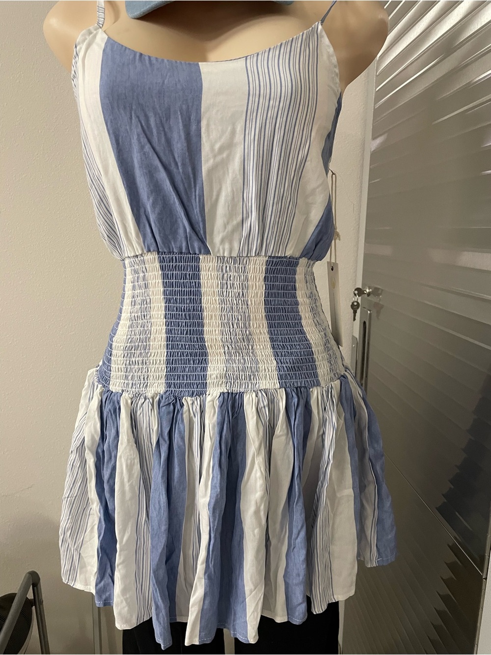 Ocean Drive Blue & White Striped Smocked Mini Dress. NWT, M